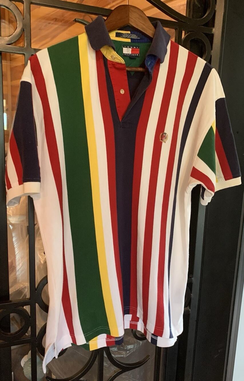 VTG Tommy Hilfiger Multi Stripe Polo Shirt Crest Logo Colorblock Mens M